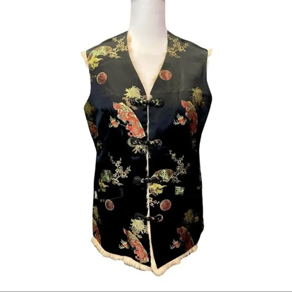 Chinese Silk & Genuine Fur‎ Reversible Vest Sweater/ Jacket - Traditional Print